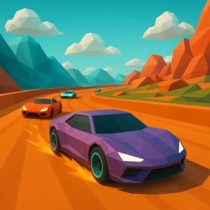 Low-poly racing Game scene from Poly track showing futuristic cars on a vibrant angular track with polygonal mountains in the background – Play Now 2025!