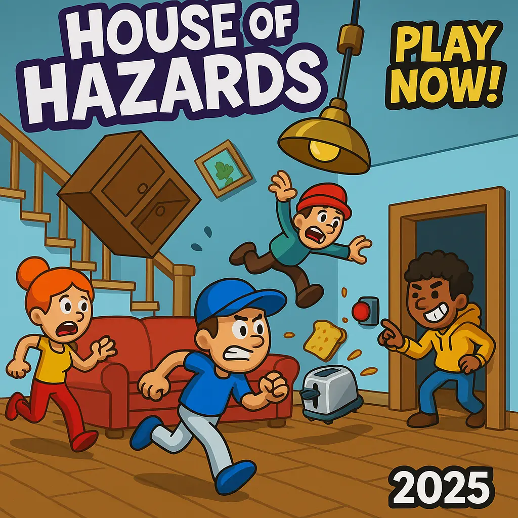 2D digital artwork for House Of Hazards Game, showing players dodging flying toasters and traps inside a cartoon-style home — Play Now! 2025.