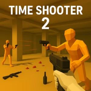 First-person combat scene from Time Shooter 2 with orange enemies, bullets flying in slow motion, and intense gunfight action. Play Now in 2025!