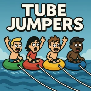 Tube Jumpers 2025 gameplay artwork showing 4 cartoon characters on colorful tubes over water, racing with excitement — Play Now!