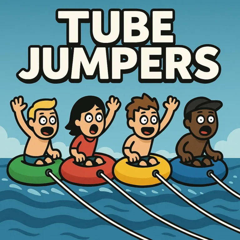 Tube Jumpers 2025 gameplay artwork showing 4 cartoon characters on colorful tubes over water, racing with excitement — Play Now!