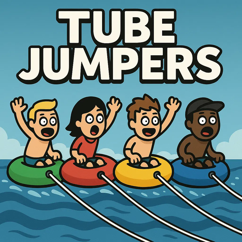 Tube Jumpers 2025 gameplay artwork showing 4 cartoon characters on colorful tubes over water, racing with excitement — Play Now!