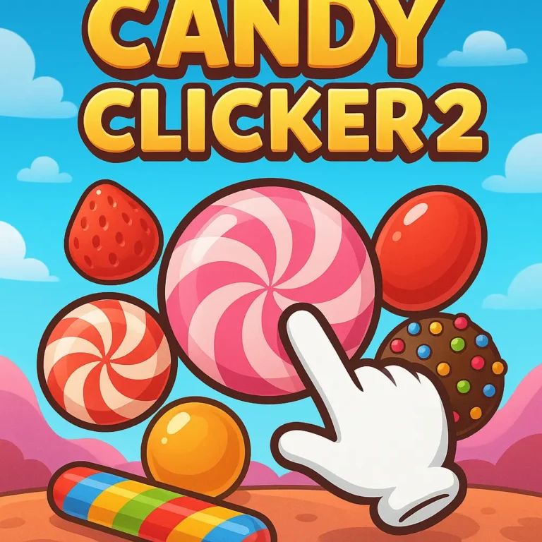 Colorful 2025 Candy Clicker 2 game promo showing a cartoon hand clicking on candy, with vibrant sweets and "Play Now!" action vibe.