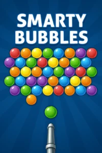 Colorful bubble shooter gameplay from Smarty Bubbles 2025 with vibrant orbs and cannon aiming to pop bubbles. Addicting fun—Play Now!